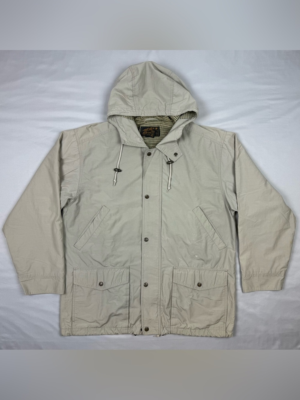 Vtg 90s Eddie Bauer Mens Utility Windbreaker Jacket Sz Large Hooded Light Tan C7